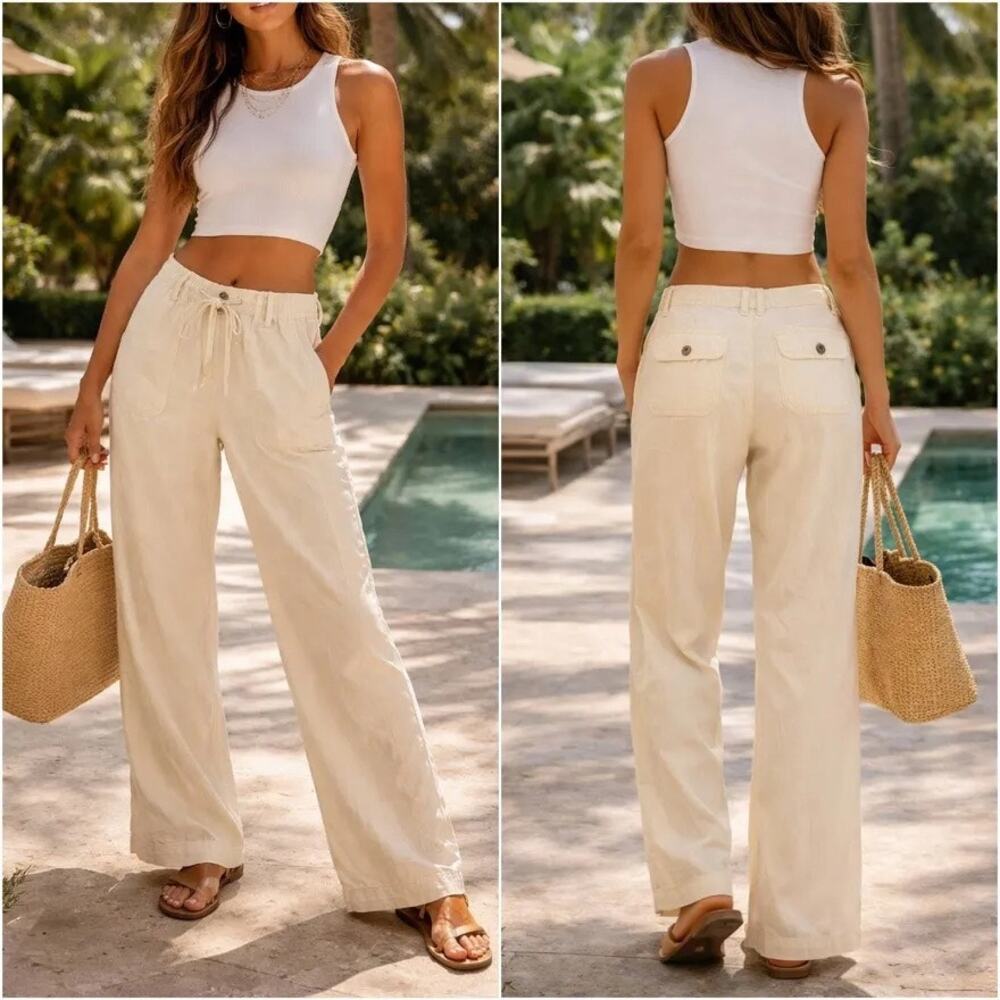 NORMA KAMALI Linen Blend Wide Leg Cargo Casual Lagenlook Quiet Luxury Pants